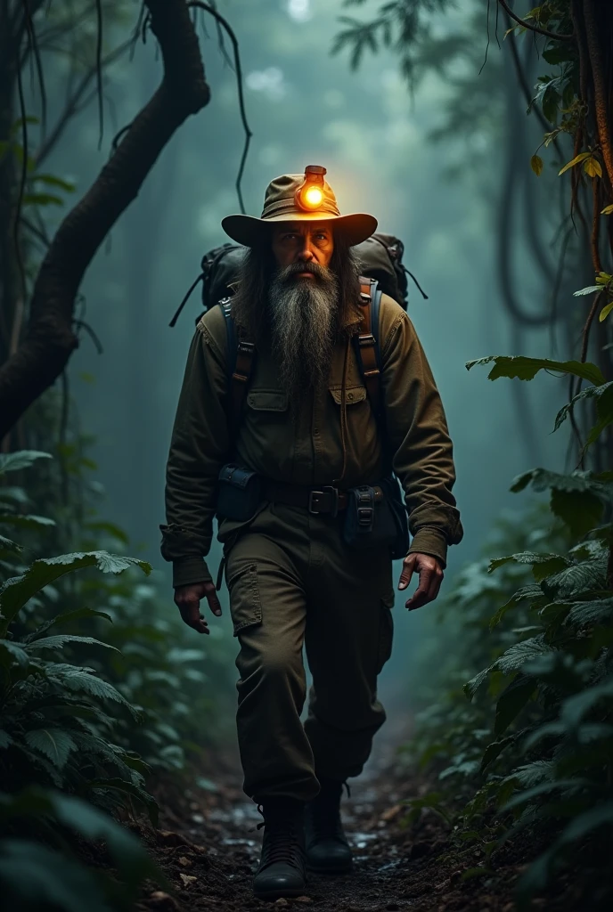 Photorealism 1.2 high detailed male long hair beard walking alone in the jungle with camping bacpack wearing hats dark night lamp on head