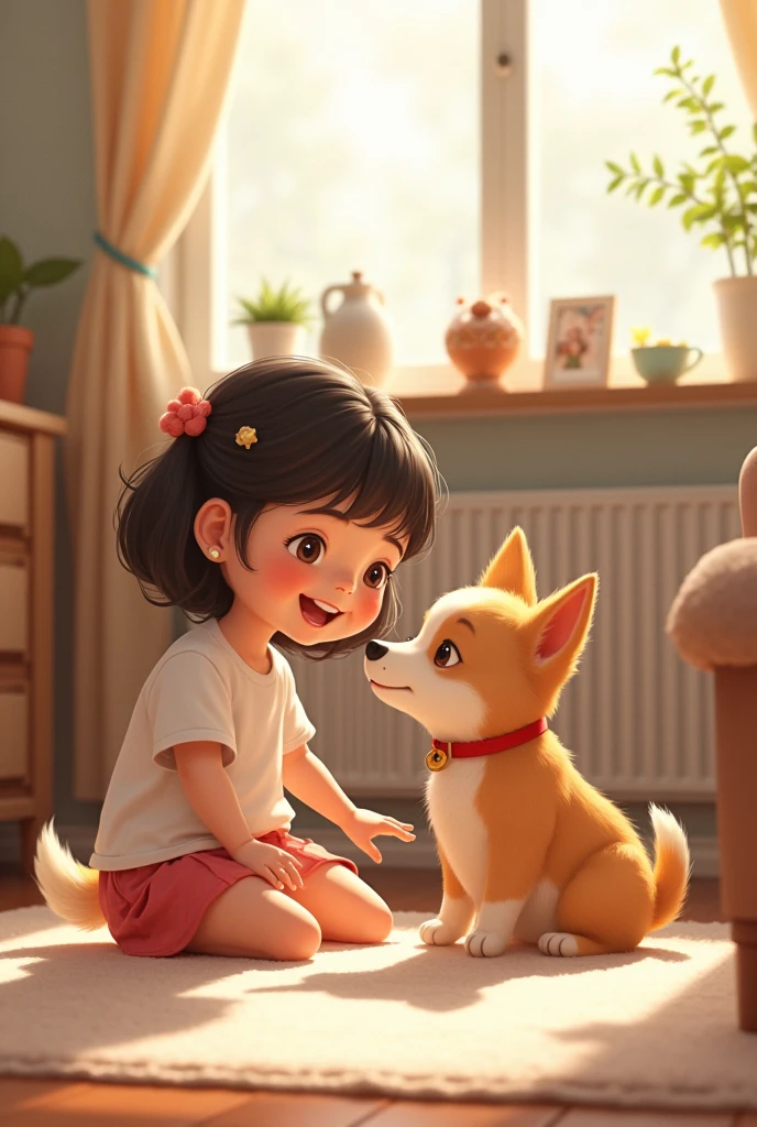 [Illustration: A baby girl, Marium, playing with her dog, Riks, in a cozy home.]
