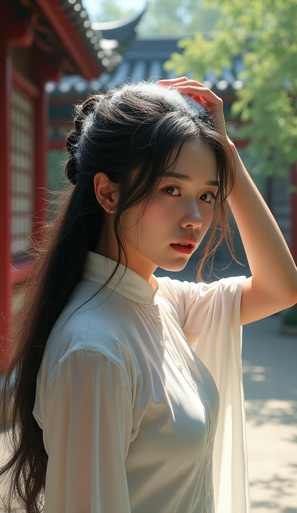 Create an Asian long-haired beauty,Beautiful big eyes,Regular facial features,Normal limbs,White traditional cheongsam,Scratching the scalp with both hands,Scratching the scalp with both hands,A lot of dandruff on the top of the head,White fine dandruff on the top of the head,Expression praise unhappy people,Tears in the eyes,Ancient courtyard background,9:16 frames,Ultra HD painting