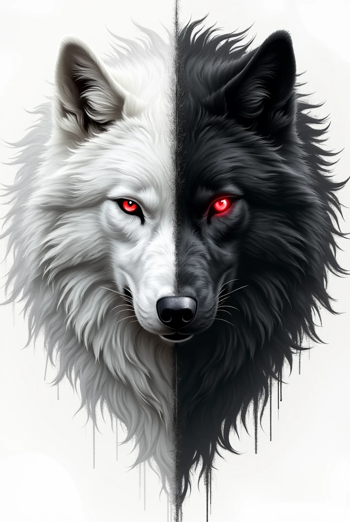 a tattoo with a white wolf and a black wolf and both with red eyes 
