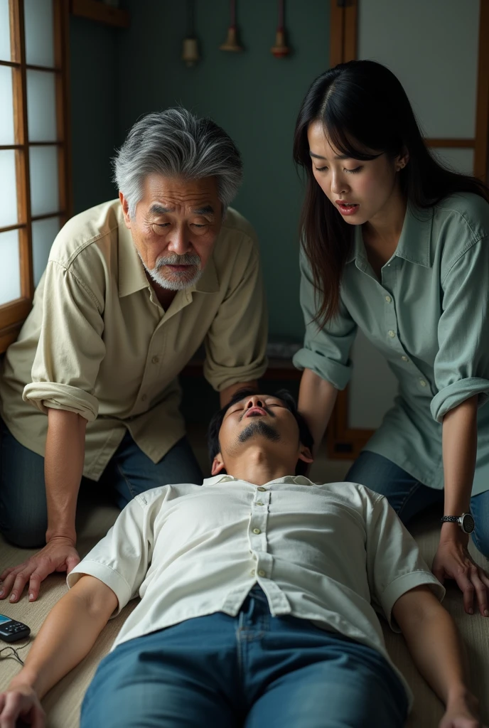 A Japanese husband and wife panic and staring at a unconscious man