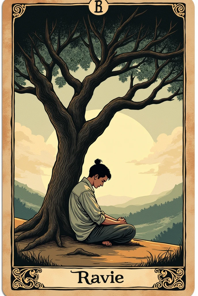 arafed image of a tarot card with a man sitting under a tree, a woodcut inspired by Saitō Kiyoshi, flickr, folk art, old-fashioned tarot card, rider-waite tarot, rider waite card, tarot card, as a tarot card, tarot card enviroment, tarot card style, major arcana cards, the tower tarot card