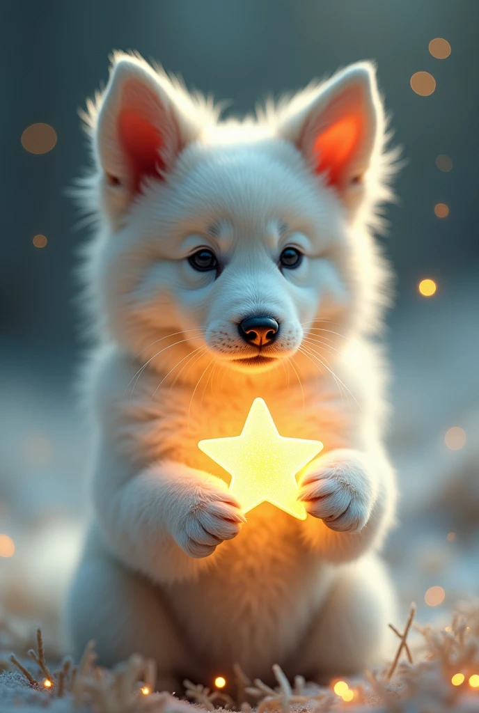 white dog holding a star, dog ears, Surrealism, motion blur, sparkle, 360 view, best quality