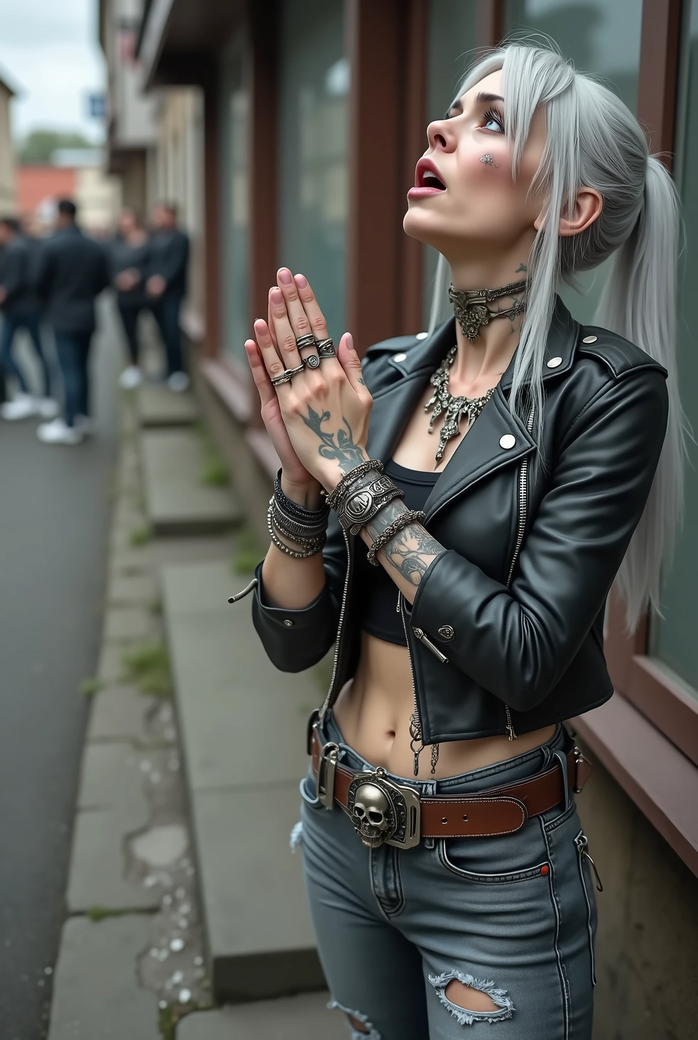 russian old milf woman, biker gang member, long grey hair (bump, quiff and ponytail) with very light blue eyes, extremely pale. Thin. Sad, humble face. Wearing cropped black moto jacket with side zippers, black cropped tank top with pentacle logo, skinny black jeans with holes and white tennis sneakers. Lots of metallic bracelets. Chains. Tacky wide belt with massive skull and bones buckle . Both hands in prayer. Demonic tattoos. Lots of rings. Long earrings. Looks up with amazement because she thinks God is talking to her, mouth and eyes open. Skinny legs, narrow hips. People around look at her