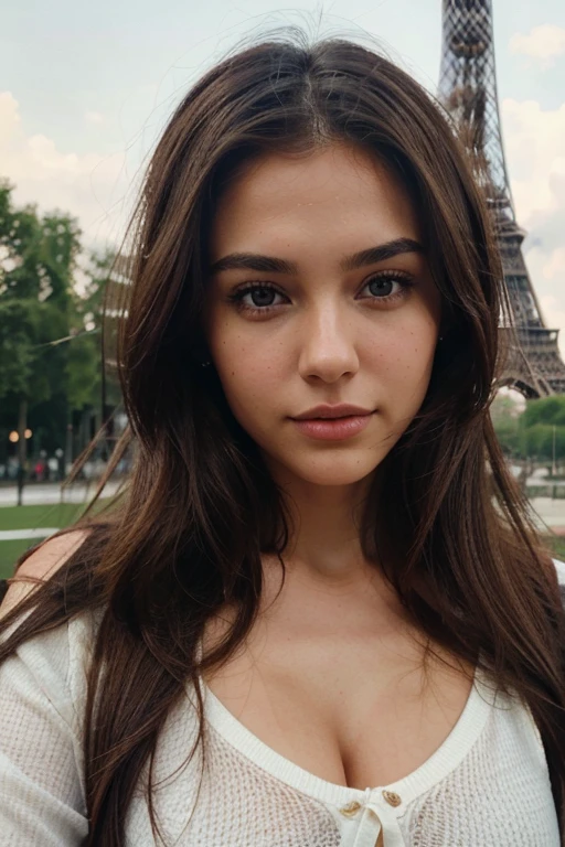 Ultra realistic Instagram template. High-quality, high-resolution image, woman with striking facial featuresa 24-year-old brunette woman, make her beautiful with beautiful long brown hair, she has brown eyes, she has fairly white skin and a small mole towards her lip on the right,, her lips are full and slightly parted, they're also quite full. The lighting is soft, highlighting the texture of her skin and the natural color of her hair. She go in the tour eiffel