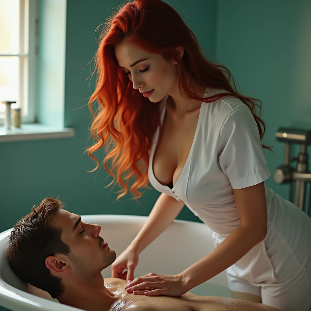 ultra realistic, photography, long red hair, 24 years old, hourglass figure, perfect body, natural medium breasts she is wearing asexy nurse outfit with great cleavage, perfect round cleavage, she is a sexy nurse in a hospital, she is bathing a handsome man, he is 30 years old with brown short hair, he is naked in the bathtub filled with warm water, she is standing outside of the bathtub and cleaning his thighs with a wet sponge, he has his eyes closed and lips slightly parted