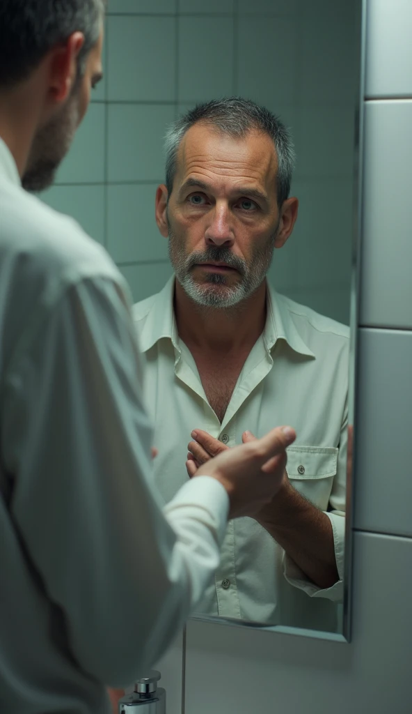 Create a picture for me of a man with the beginnings of baldness, facing a mirror in the bathroom, holding a bunch of hair in his hand. Make an image that holds attention