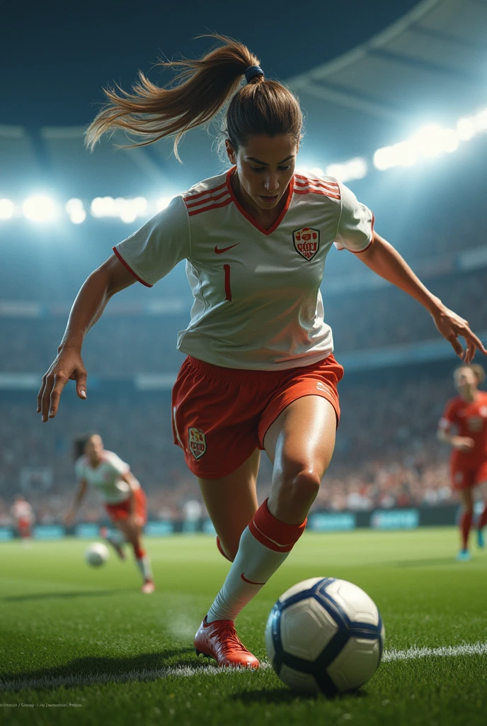 y female soccer player fighting for the ball by pulling on her shorts