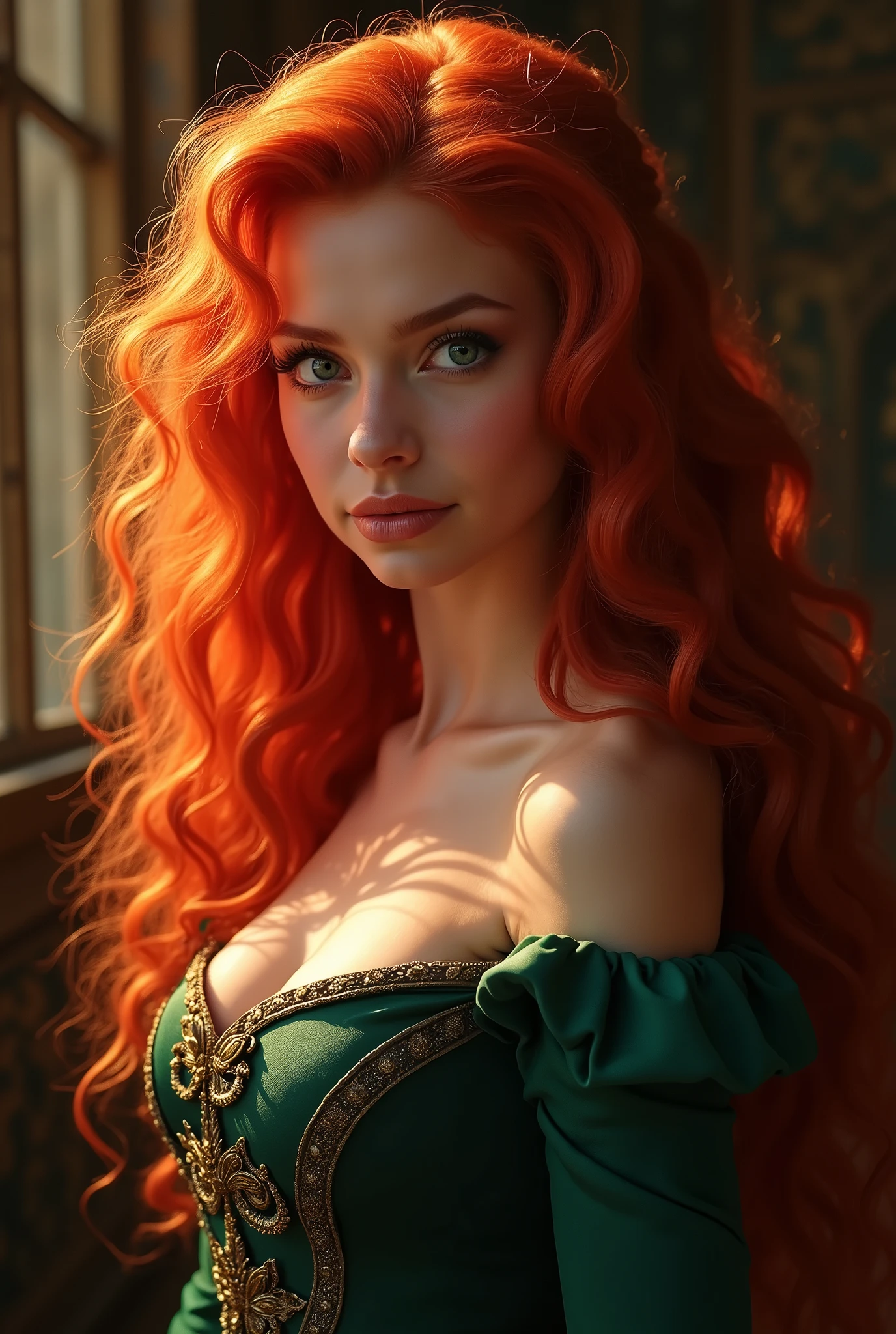 A picture of merida, young and beautiful, hyper realistic, real portrait, backlit, exquisite features, cleavage