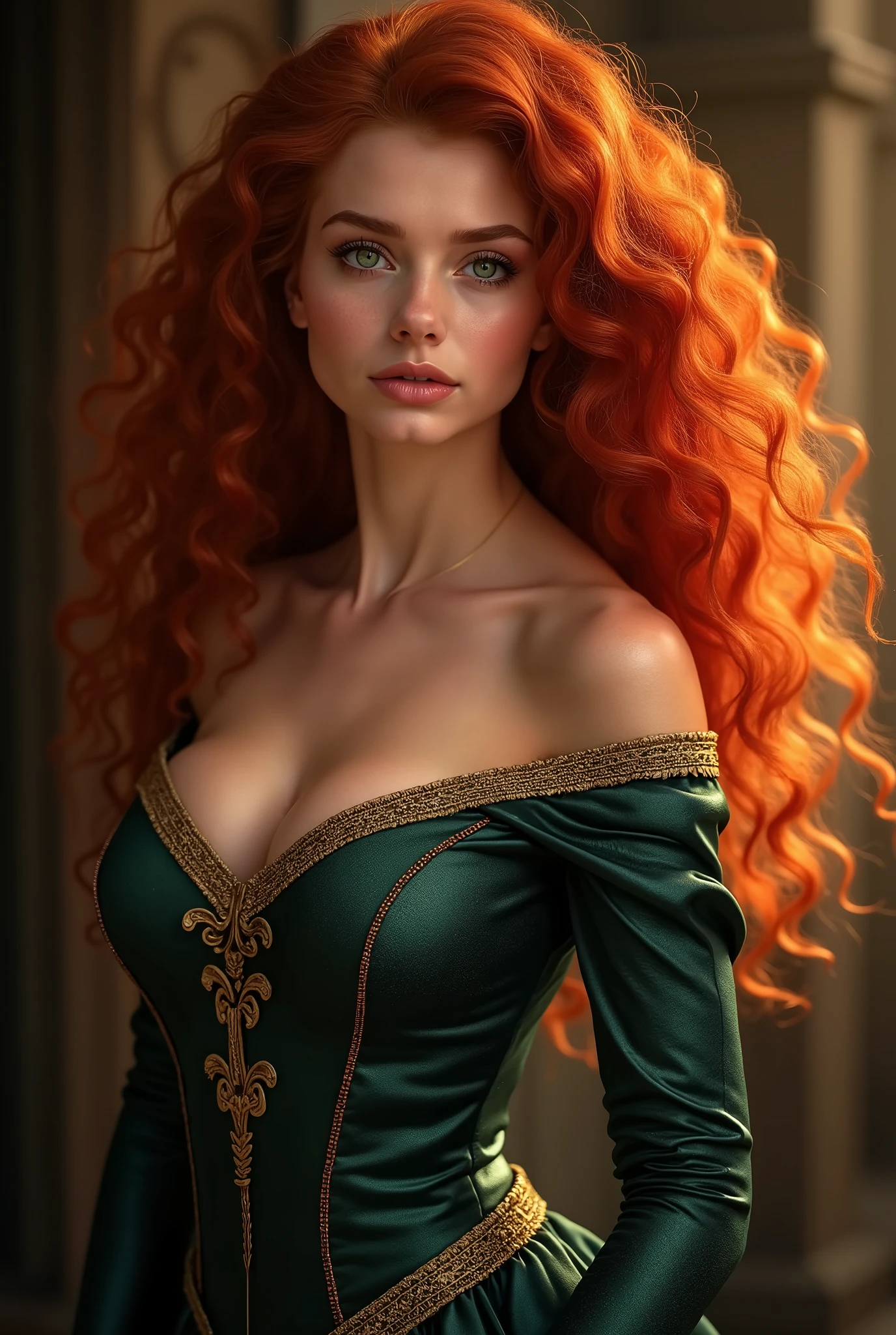 A picture of merida, young and beautiful, hyper realistic, real portrait, backlit, exquisite features, cleavage