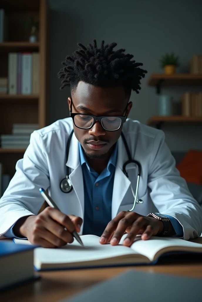 ÉTUDIANT EN MÉDECINE NOIR HOMME avec des lunettes DANS SA CHAMBRE BOSSANT SES COURS