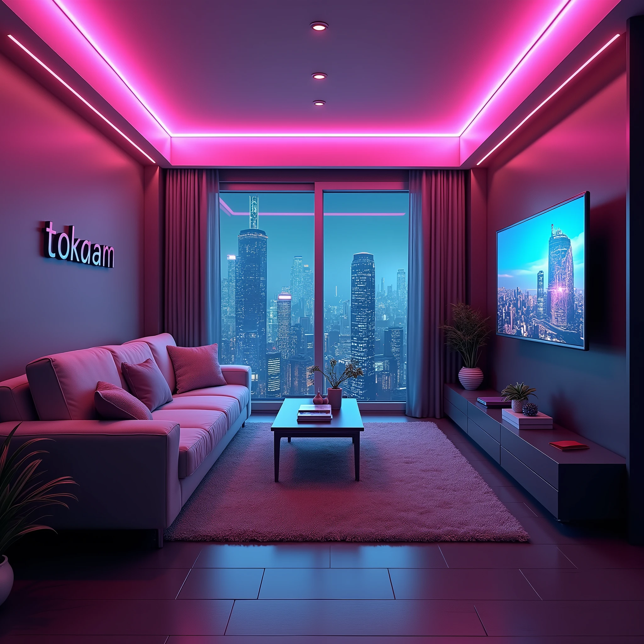 Room with a sofa on the left and a TV on the right wall with a TV cabinet underneath. On the back wall a window with a rather futuristic view in a Cyberpunk theme. Teenager's bedroom in a Cyberpunk theme with neon lights on the ceiling and the word Tokaan written on the left wall above the sofa