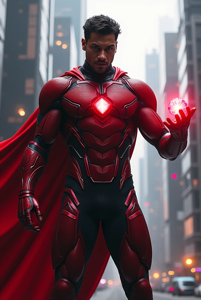 create an image of a male superhero named scarlet with a reality gem with a costume similar to black panther and nanorobots like iron man