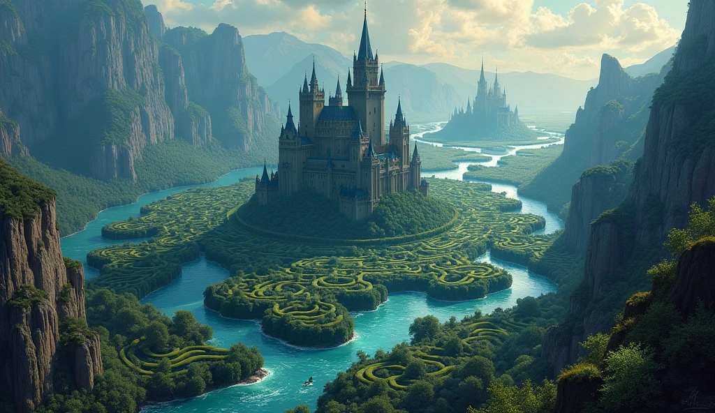 Trapped within a sprawling maze of a mighty river, a grand castle looms ominously in the center, its towering turrets beckoning to lost wanderers. In a stunning painting, the intricate details of the twisting waterways and imposing fortress are brought to life with vivid colors and masterful brushstrokes. The vast expanse of the maze is depicted with a sense of both awe and foreboding, making it a mesmerizing and immersive visual experience for viewers.