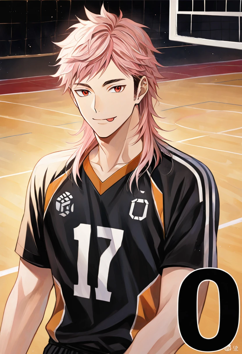 haikyuu style boy smiling,with white layered hair (hair down to the nape of the neck and longer sideburns with pink streaks)red eyes (Lost look)with a piercing on the tongue,nose and eyebrow with Shiratorizawa haikyuu uniform anime style(background of a volleyball court) Full body with Shiratorizawa volleyball uniform with number 5