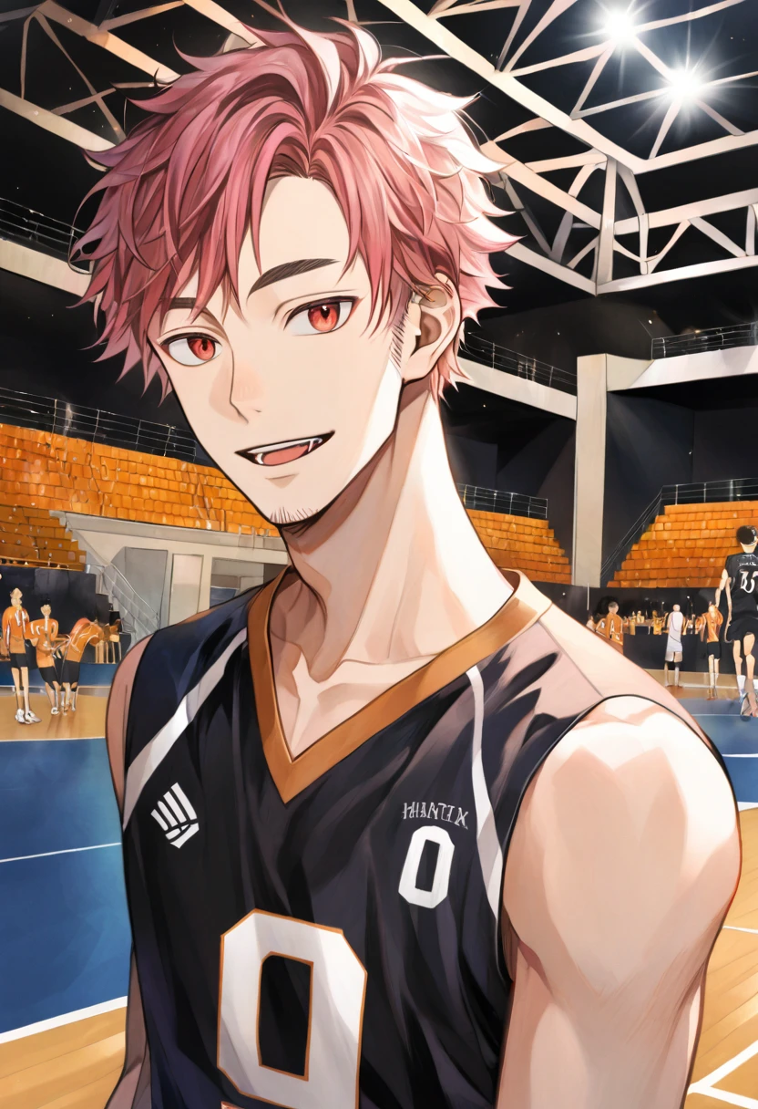 haikyuu style boy smiling,with white layered hair (hair down to the nape of the neck and longer sideburns with pink streaks)red eyes (Lost look)with a piercing on the tongue,nose and eyebrow with Shiratorizawa haikyuu uniform anime style(background of a volleyball court) Full body with Shiratorizawa volleyball uniform with number 5