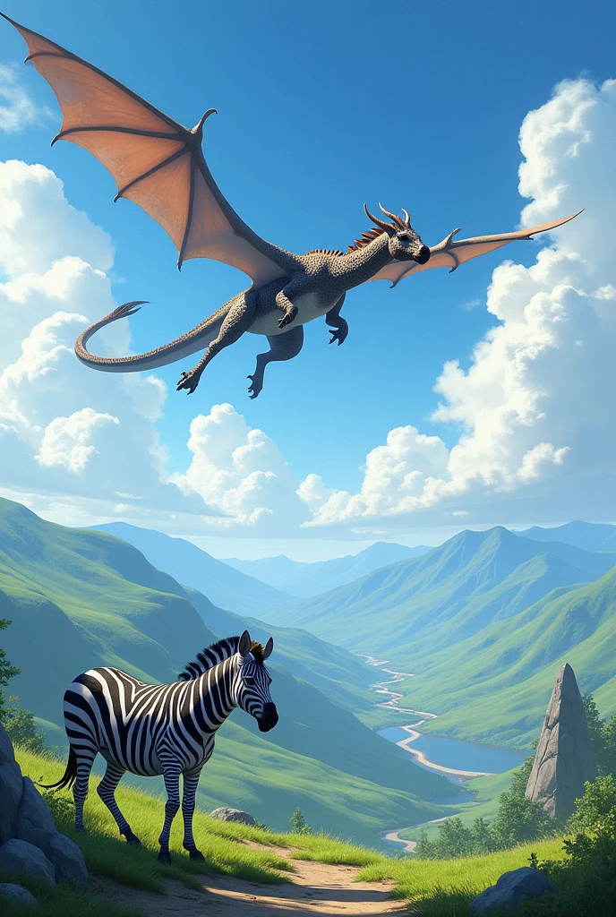 Dragon is flying in the sky and zebra is on the land