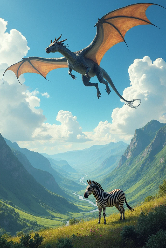 Dragon is flying in the sky and zebra is on the land