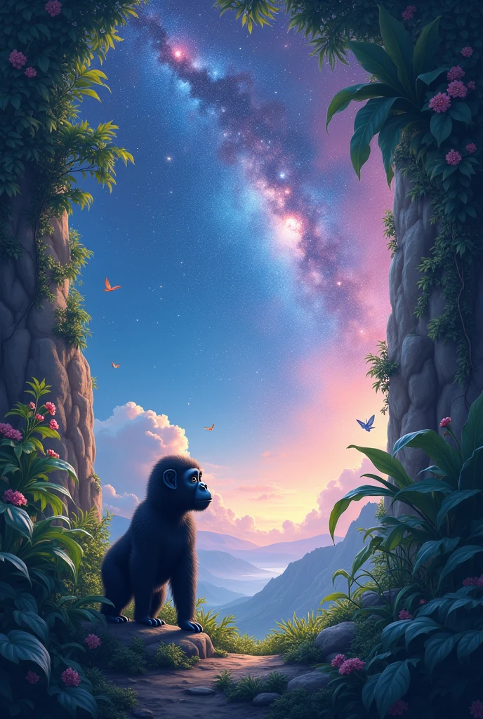 make an image with a background of galaxies and plants and a small gorilla in the corner, retire as flores