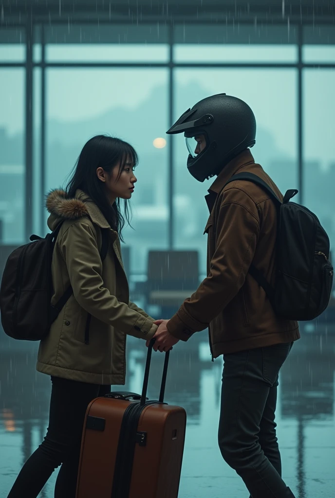 Heart break couple, airport, asian, rain, late to flight, girl have baggage, flight, helmet boy hand