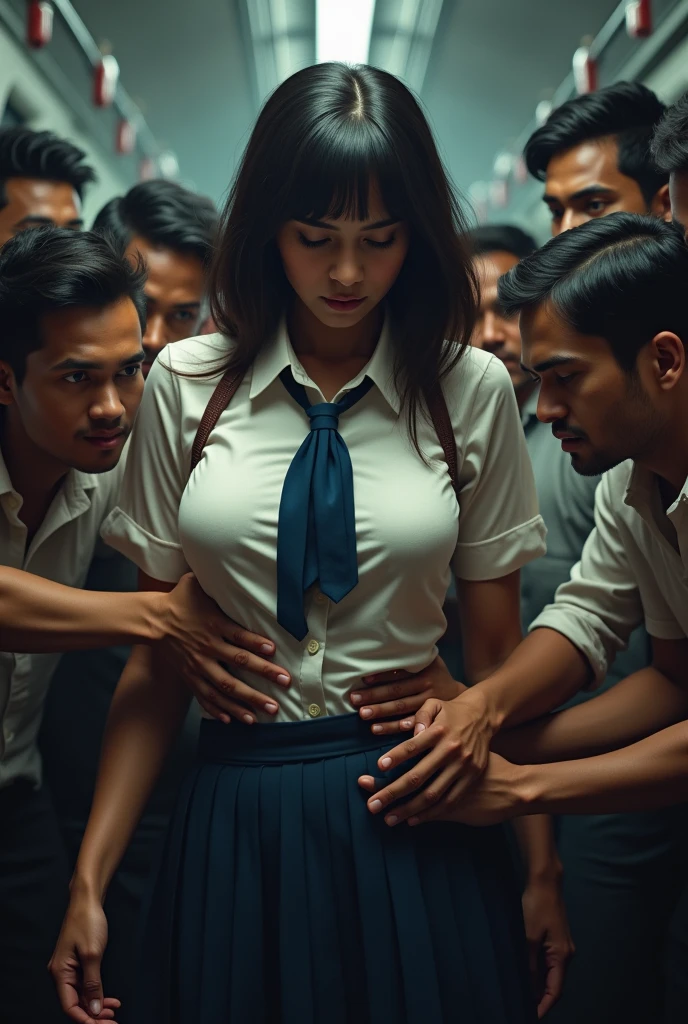 (photorealism:1.2), A 16 year old latina schoolgirl center frame, legs spread and elevated,  breathing heavily and her eyes unfocused, her hand tucked underneath the clothing below her stomach massages her barely conceiled and damp pelvic womanhood ontop the teacher's desk facing the class while being stared at by her female peers. The other girls, these female peers, use their hands to firmly grasp, knead and frame the softest parts of their chests with sleepy gazes and salivating, slack-jawed, vacant expressions suggesting they have been placed into deep hypnotic trance. All of the girls are dressed in catholic school uniforms that are far too small and skirts far too short to successfully provide any appropriate measure of modesty or adequately conceil their every curve and crease. 