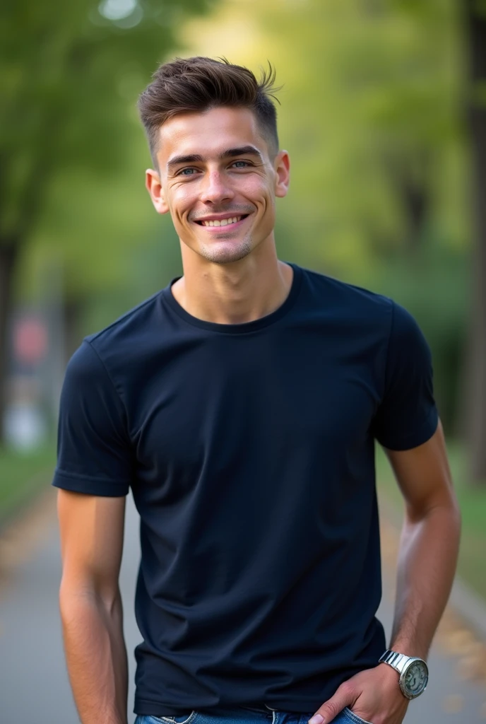 A highly realistic photograph of a 20-year-old Polish man. He has light, slightly pale skin with a warm undertone. His facial features are soft yet defined, with a prominent jawline and high cheekbones. His eyes are a light shade of blue, wide and expressive, framed by dark, slightly arched eyebrows. His hair is short, styled in a modern undercut, with the top longer and textured, a medium brown with natural highlights. He has a clean-shaven face, with a few faint freckles across his nose and cheeks. His nose is straight and well-proportioned. He’s wearing a casual outfit: a fitted dark navy T-shirt with short sleeves, a simple silver watch on his left wrist, and light blue jeans. His body is lean but athletic, standing about 180 cm tall with an average build. His expression is neutral with a hint of a smile, suggesting confidence and friendliness. The background is blurred slightly to keep the focus on him, resembling an outdoor setting with soft natural light