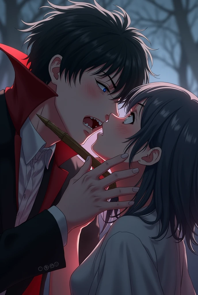 Handsome anime vampire boy is using a sharp stick to bite the neck of an anime girl.