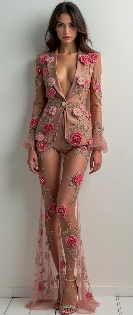 Women&#39;s mesh suit with embroidery flowers with monograms