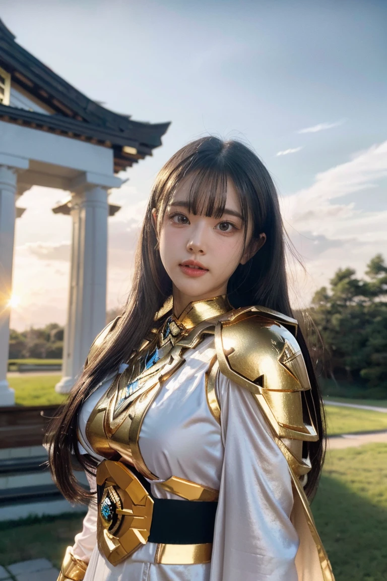 ((masterpiece, best quality, extremely detailed), volumetric lighting, ambient occlusion, colorful, glowing), 1girl, solo, young girl, (dark hair), long hair, halo, aura, sacred, goddess, cleric suit, (power ranger with gold detailst:1.3), seethrough robe, outdoors, sunset, sky, clouds, space, (fantasy theme:1.2), face marking, white robe