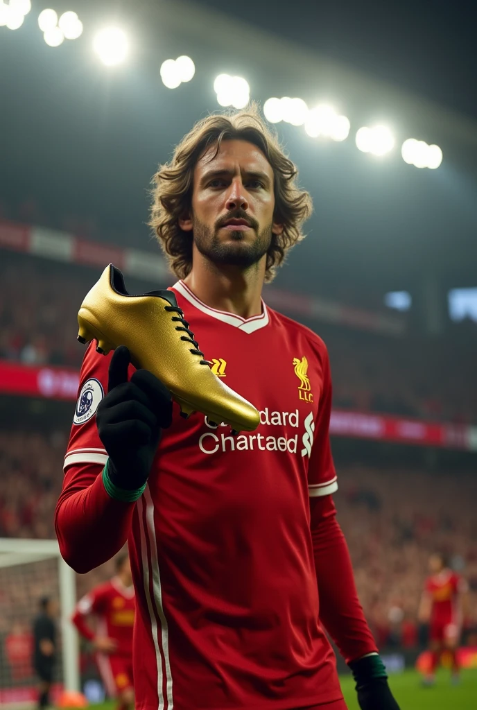 A Liverpool player named Ramsay who wears number 70 and also wears long sleeves and black gloves and wavy hair showing off his golden boot to the Liverpool fans 
