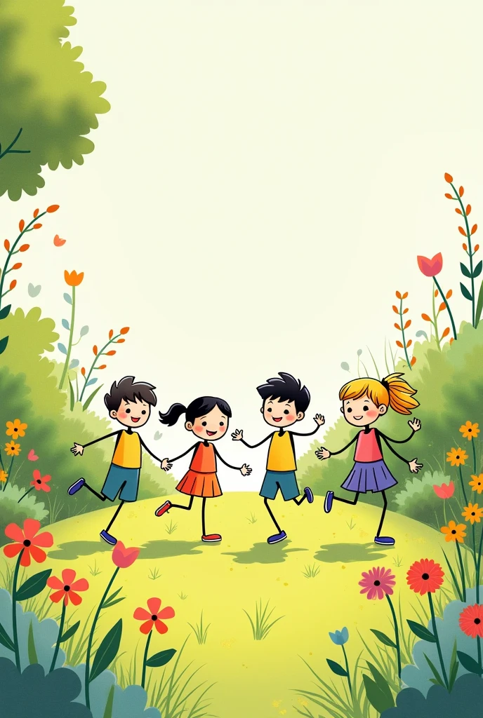 a drawing of children in the garden in stick figure mode