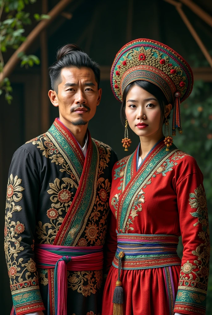 1 woman and 1 man wearing traditional Hmong clothing