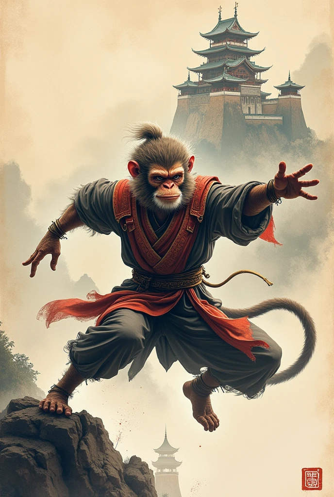  A Sumi-e painting of [Wukong], [], [Key Visual Element]. The background features [Castle] with [Artistic and Cultural Elements]. The style merges [Heroic Attributes or Actions] with the atmospheric effects of Sumi-e, [Specific Artistic Technique or Mood] --niji 6 --s 750