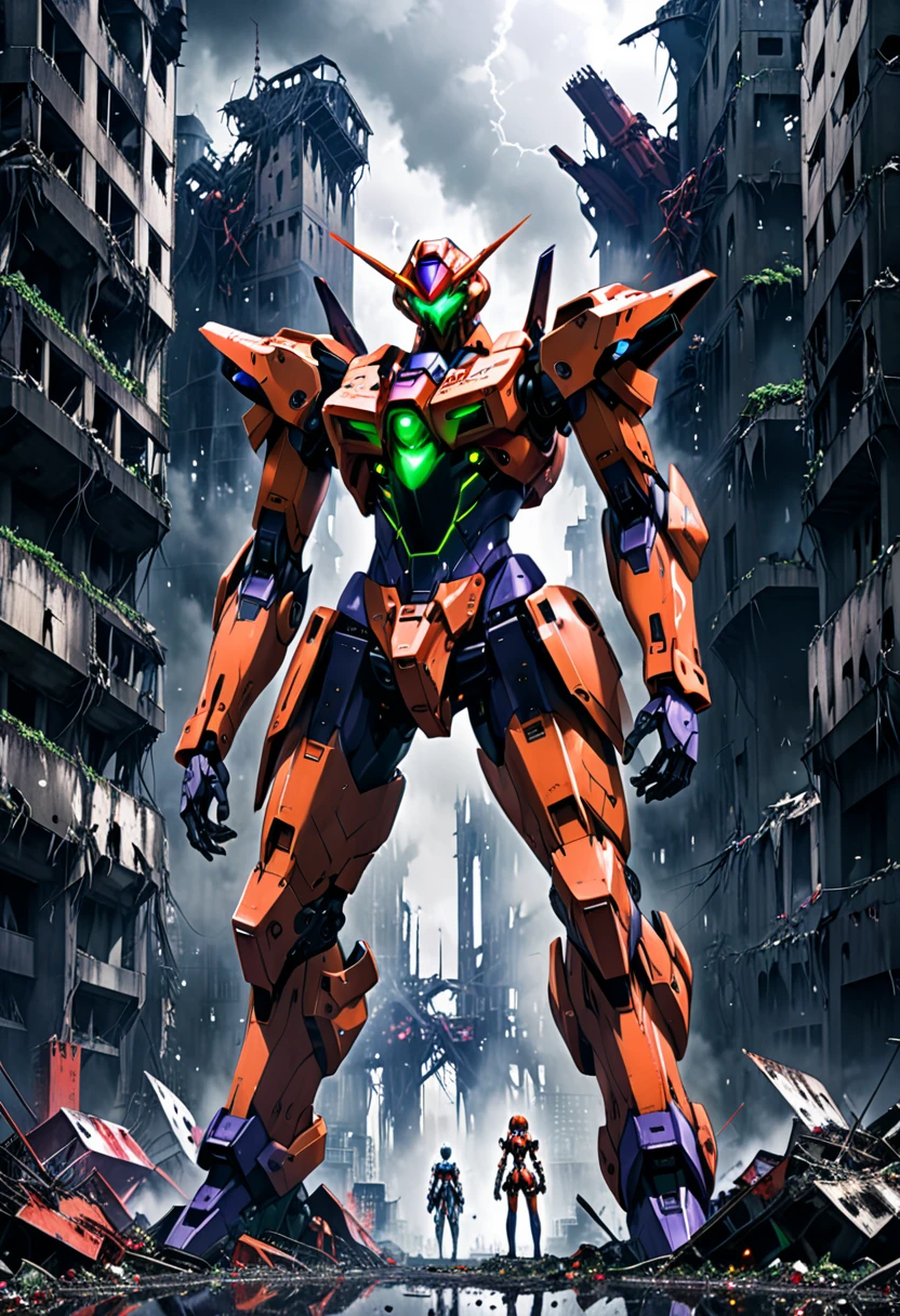 A giant mecha angel from neon genesis evangelion in the middle of a ruined city, fractal-like, dark mood, atmospheris, horror, The ultra -The high-definition、8K UHD、​masterpiece