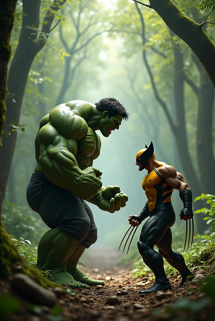 hulk vs wolverine facing each other, in the forest facing each other movie scene