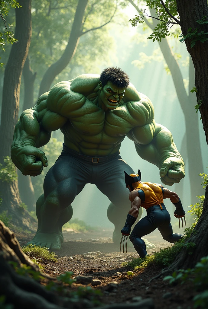 hulk vs wolverine facing each other, in the forest facing each other movie scene