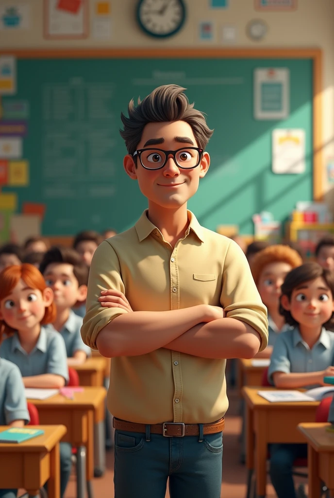 School classroom with a male teacher of medium height, small head with glasses and tan showing