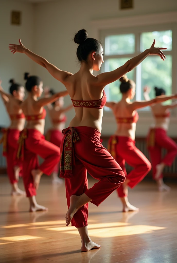 ((masterpiece, highest quality, Highest image quality, High resolution, photorealistic, Raw photo, 8K)), Best Quality, Realistic photograph, Full body a group of Thai girl with a bun on head, wearing some part of Thai tradition cloth. barefoots, acting Thai dance stretch arms and stand on one leg . Dynamic Action pose., in thai dance class room in school with many her friend, naked, erotic, porn, show real pussy, show real vagina , No wearing suit.