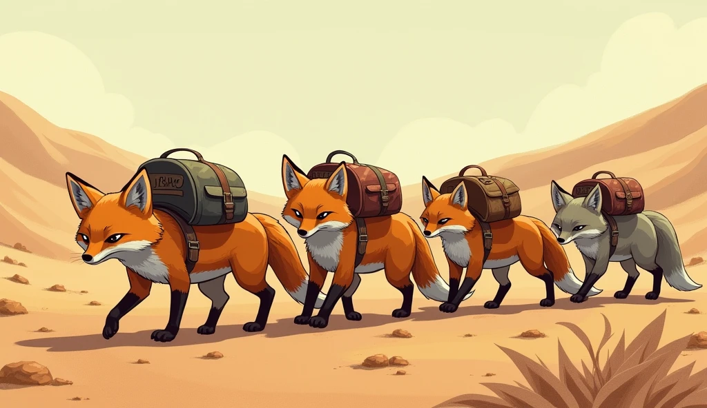 SEVERAL FOXES MOVING FORWARD IN THE DESERT WITH BACKPACKS ON THEIR BACKS AFTER A SAD MOMENT
