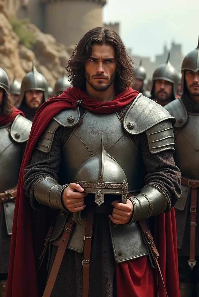 Short Italian soldiers, 27 years old, long brown hair, black eyes, wearing robust medieval armor. He holds a battle helmet