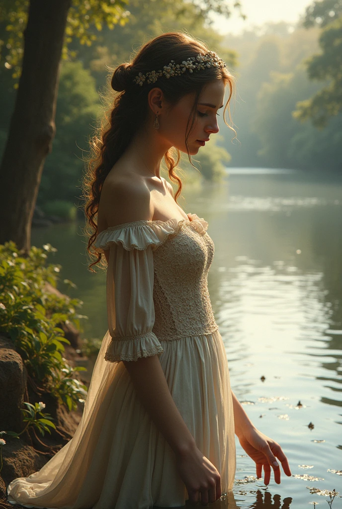A young woman dressed in a form-fitting medieval short lace gown, standing by a serene riverbank at dawn. The soft morning light highlights her curves as she reaches out to touch the water.