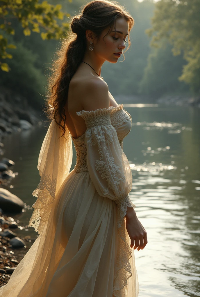 A young woman dressed in a form-fitting medieval short lace gown, standing by a serene riverbank at dawn. The soft morning light highlights her curves as she reaches out to touch the water.