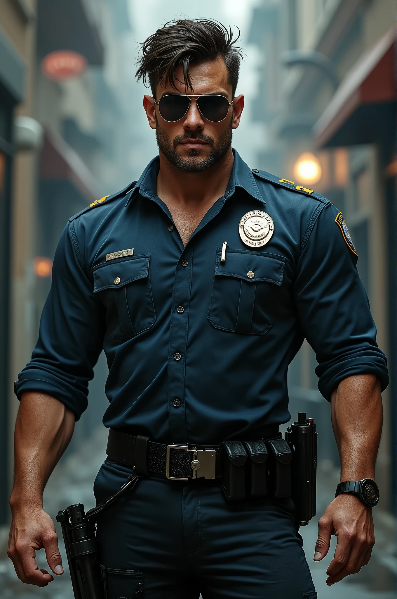 tall strong man, dark brown hair, asymmetrical face, big lips wearing sunglasses, wearing typical police investigator clothing 
