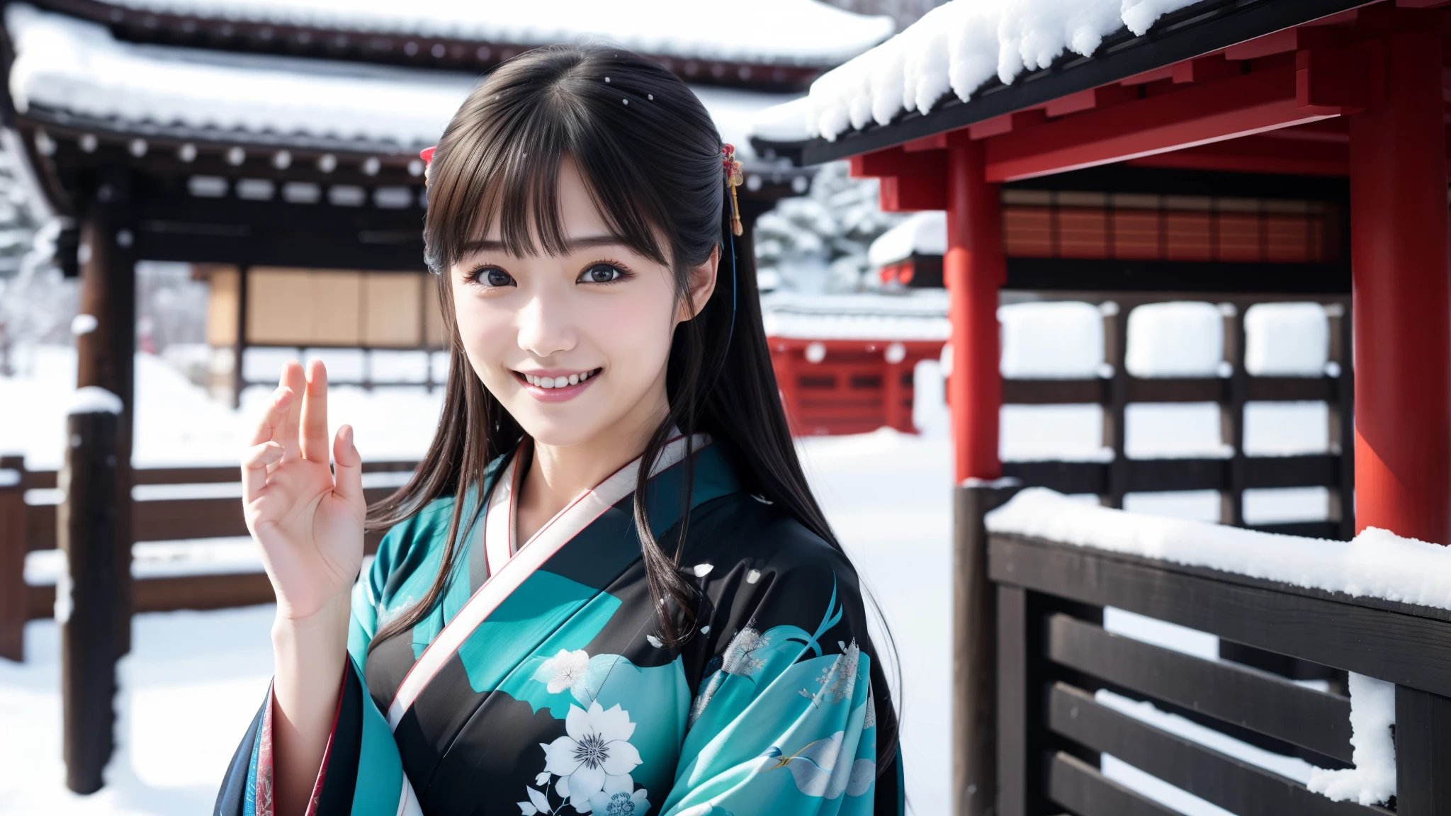 smile, wave hands, bye bye, Shortcuts, Hokkaido, front, winter, snow, 最high quality、high quality、Best image quality、8k、最High resolution、High resolution、Realistic photos, Healthy body, Beautiful Eyes, Flowing black hair, Colorful kimono, Calm expression, Soft lighting, Traditional Japanese art style, Vibrant colors, Peaceful atmosphere, Delicate features, Graceful posture, Beautiful Landscape