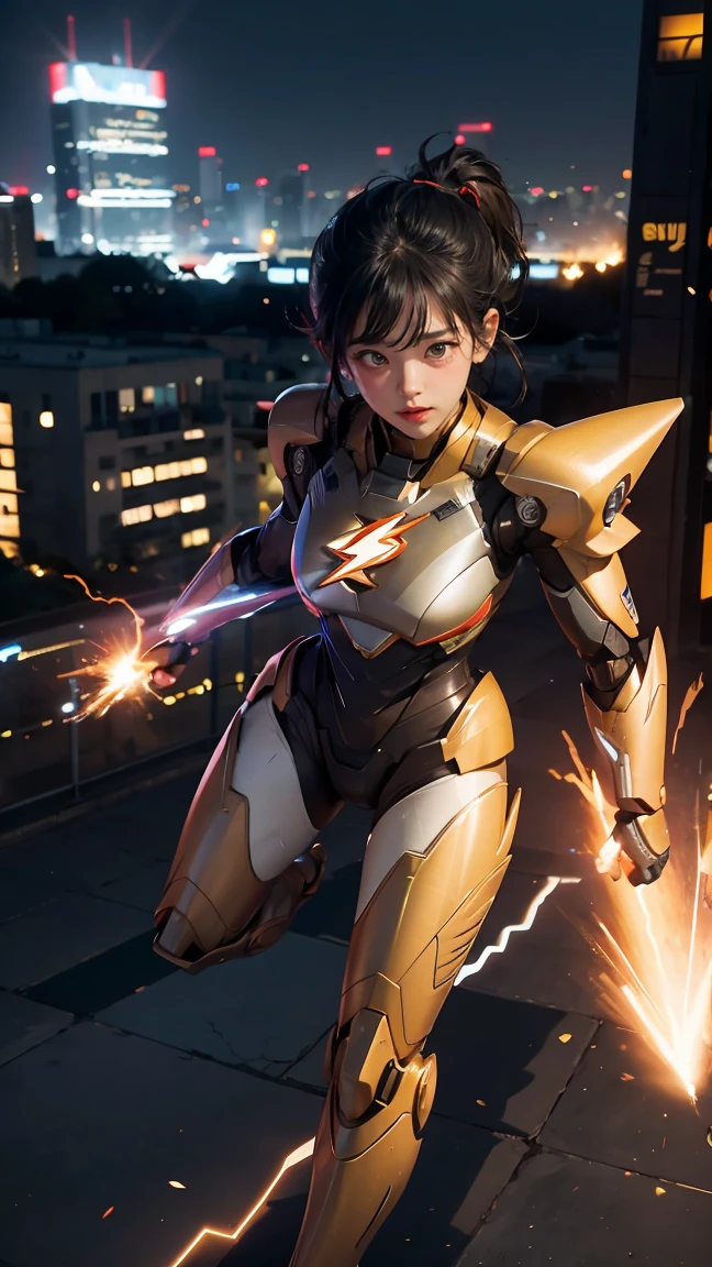 1girl, The Flash, mecha, city, full body, floating, pov, from above, power armor, dynamic pose,