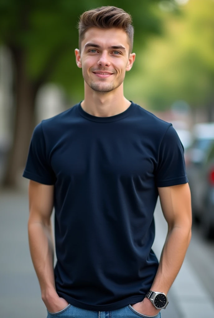 A highly realistic photograph of a 20-year-old Polish man. He has light, slightly pale skin with a warm undertone. His facial features are soft yet defined, with a prominent jawline and high cheekbones. His eyes are a light shade of blue, wide and expressive, framed by dark, slightly arched eyebrows. His hair is short, styled in a modern undercut, with the top longer and textured, a medium brown with natural highlights. He has a clean-shaven face, with a few faint freckles across his nose and cheeks. His nose is straight and well-proportioned. He’s wearing a casual outfit: a fitted dark navy T-shirt with short sleeves, a simple silver watch on his left wrist, and light blue jeans. His body is lean but athletic, standing about 180 cm tall with an average build. His expression is neutral with a hint of a smile, suggesting confidence and friendliness. The background is blurred slightly to keep the focus on him, resembling an outdoor setting with soft natural light