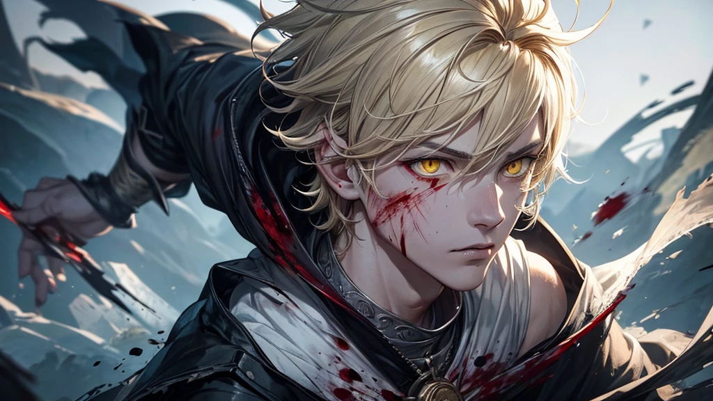1 Male, handsome, short blonde hair, wolf ear, wolf man, (masterpiece:1.2、highest quality), (Exquisite yellow eyes: 1.2), (Detailed Background、Dark fantasy), (cool detailed face), High Contrast, (Best lighting、Very delicate and cool), ((Cinema Lighting)), white dirty cloth, blood splatter, Hyper Detail, Dramatic Light, Intricate details, serious face, moon behind (21years old, 1 boy, solo, blonde short hair, messy hair,Sharp Face, red eyes on left, hair between the eyes, Dynamic), (Blood splatter:1.4), Black light swirling around the character, Depth of written boundary, light particles, Spectacular anime style, zerochan art, Anime Wallpaper, High quality anime art style, Key Anime Art
