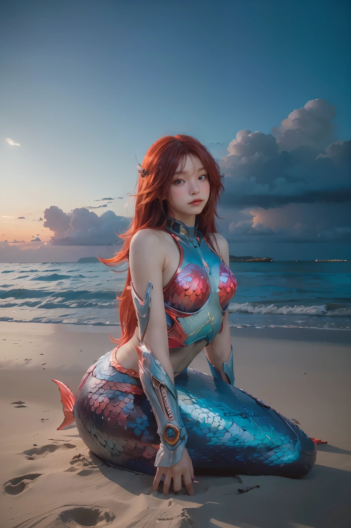 ((masterpiece, best quality, extremely detailed), volumetric lighting, ambient occlusion, colorful, glowing), 1girl, solo, young girl, (red hair), long hair, goddess, cyber suit, (mermaid design:1.3), outdoors, sunset, sky, clouds, beach, sea, , (cyberpunk theme:1.2),