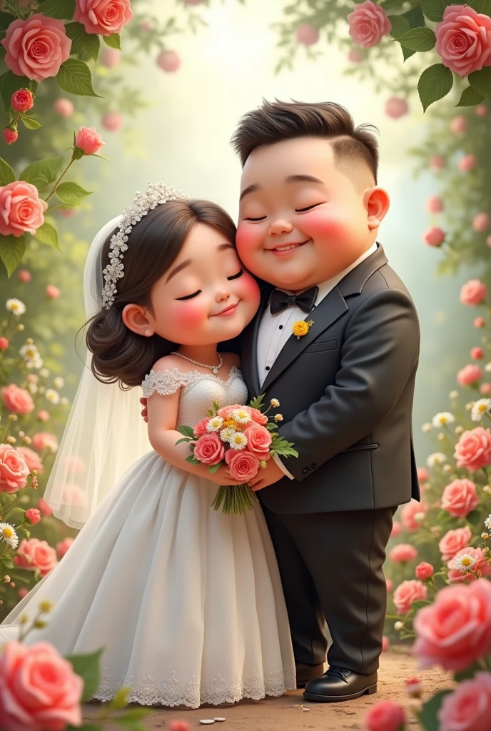 real couple boy and girl chubby wearing wedding with background arounding flowers 