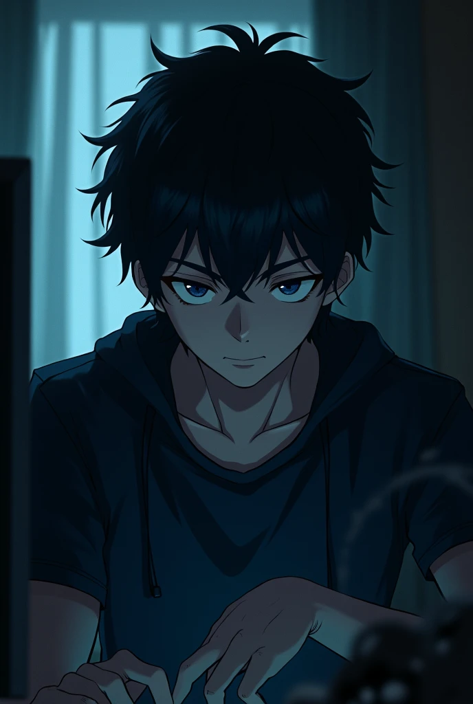 A nineteen year old anime boy with very very very thick black hair that slightly covers his face. He plays on the computer in his dark room with the curtains closed. he's tall and a little muscular